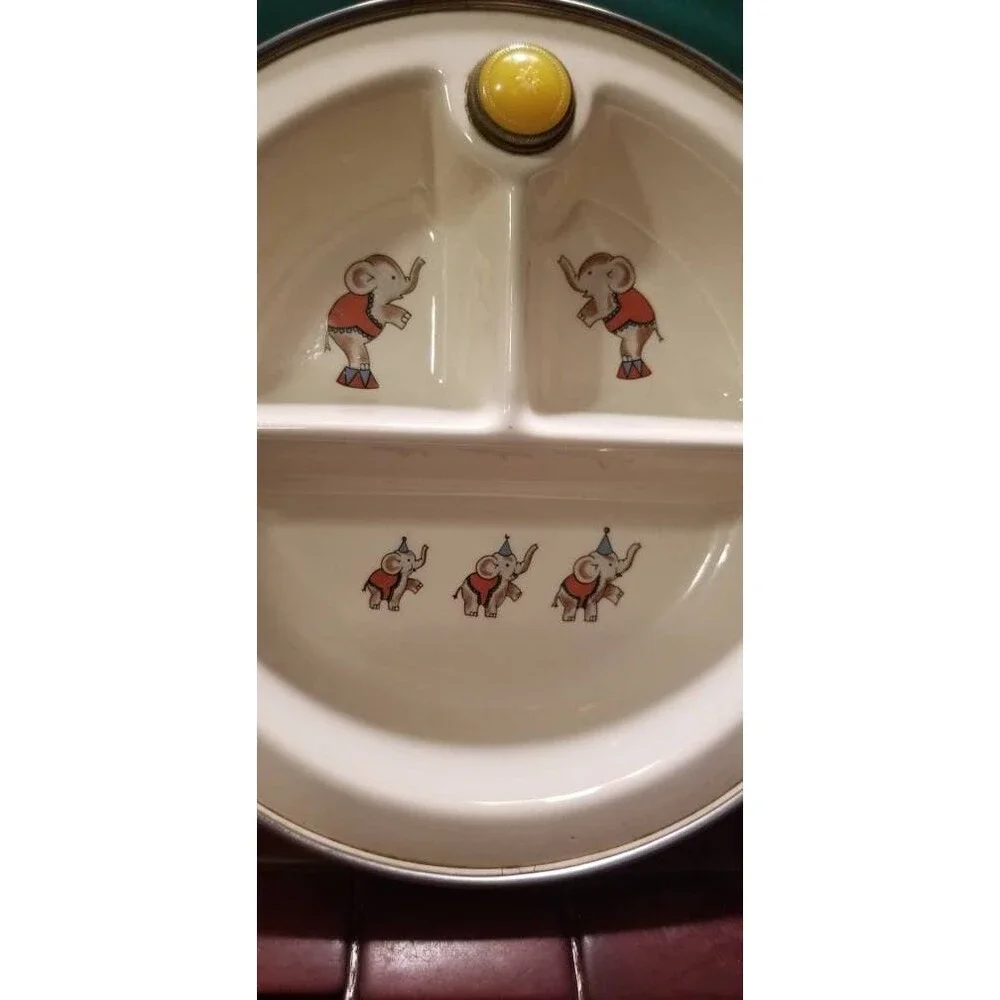 Vintage 1930s Child's 3 Compartment Warming Dish Illustrated W/ Circus Elephants